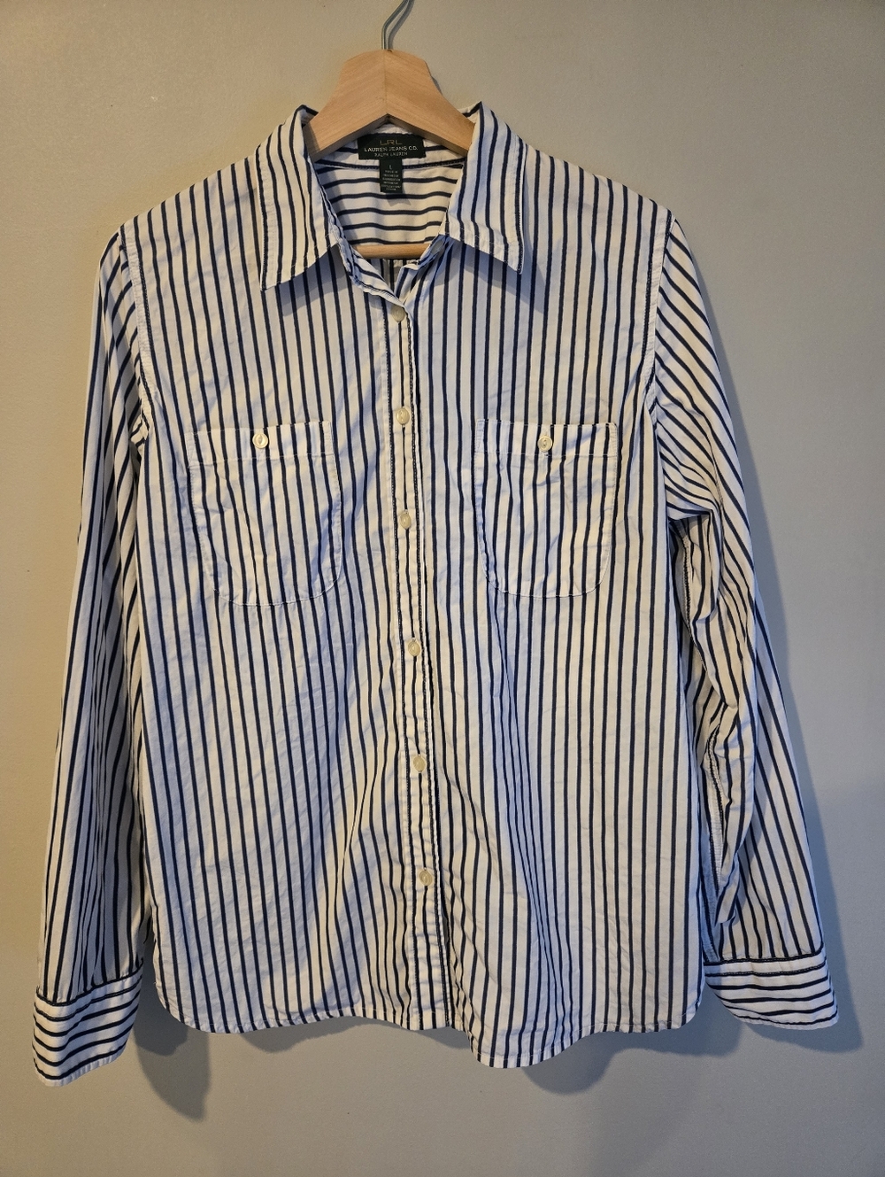 Lauren Ralph Lauren Jeans Blue White Stripe 100% Cotton Shirt Coastal Preppy